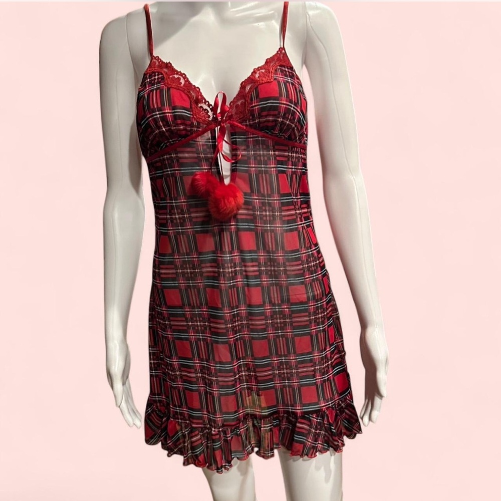 Plaid Red Lace Trim Chemise
